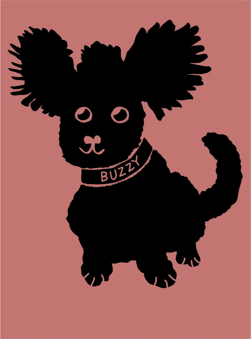 A flat graphic illustration of the same black dog on a dusty rose background, wearing a collar labeled Buzzy