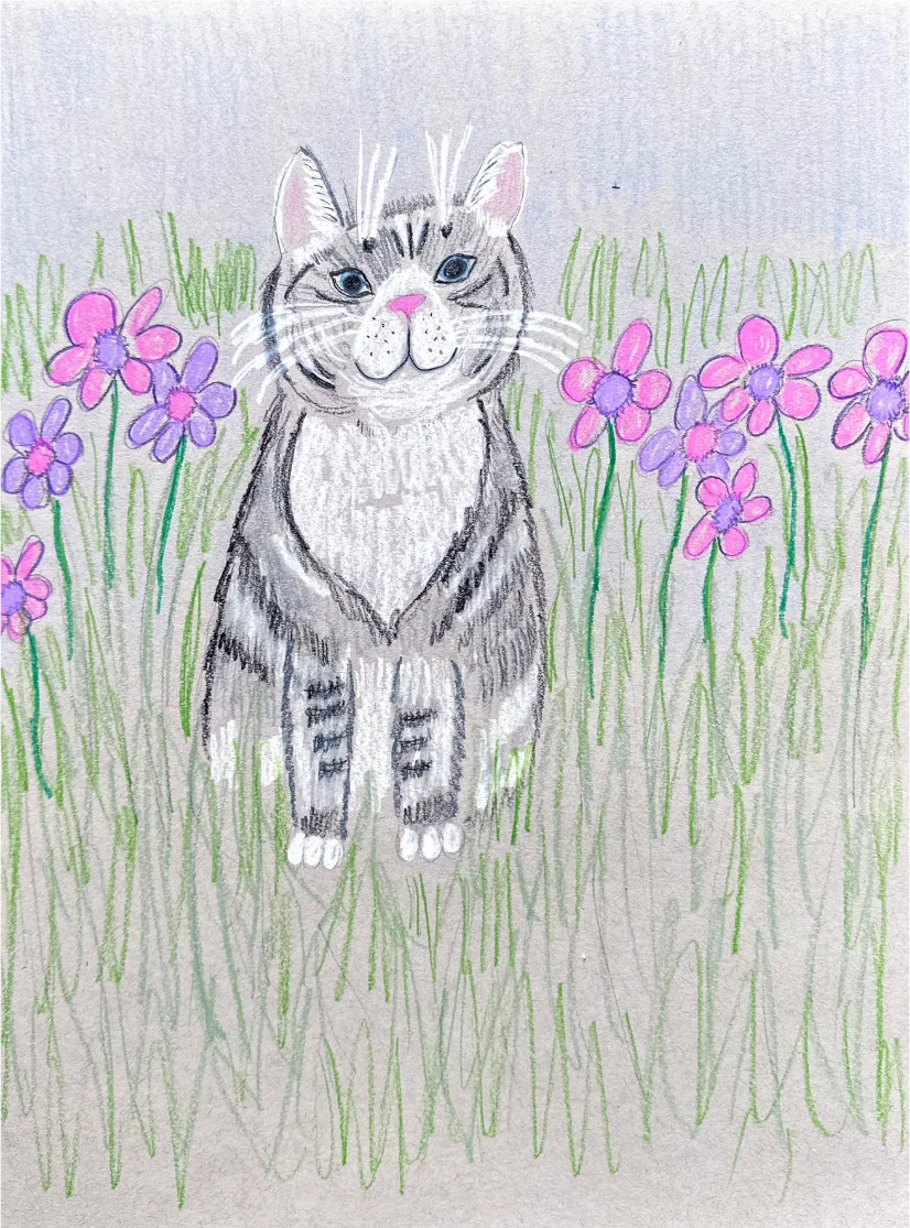 A colorful painted portrait of the same tabby cat surrounded by grass and flowers