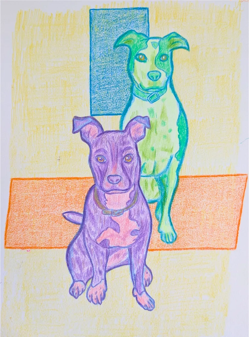A bold colorful illustration of the two dogs in green and purple tones against an orange and blue background
