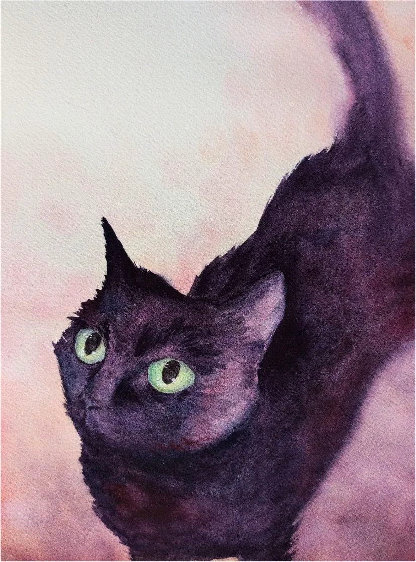 A loose watercolor portrait of the same black cat against a soft pink background