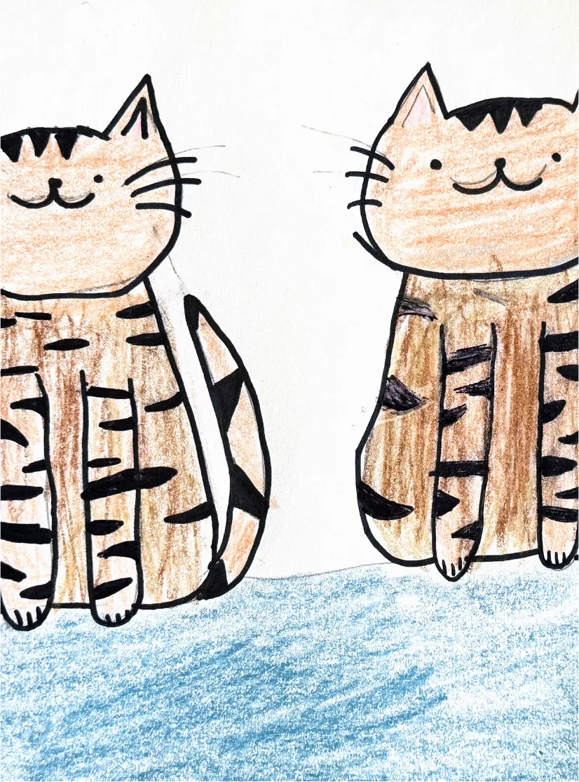 A cartoon-style illustration of the same two tabby cats sitting side by side