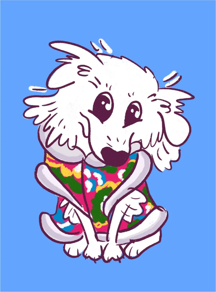 A cartoon-style illustration of the same white fluffy dog in the floral shirt on a blue background