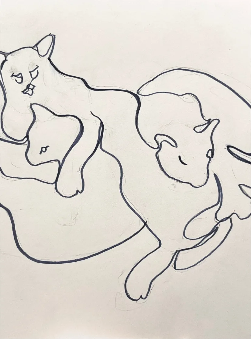 A loose ink line sketch of the same three cats curled up together